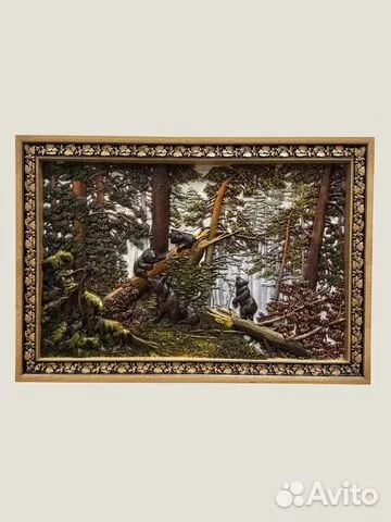 Резное панно «Мишки в лесу» 49×70 см — красивый подарок