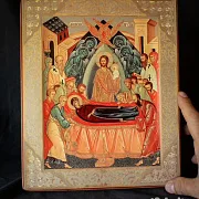 Икона "Успение Богородицы" дерево, ручная работа — оригинальный подарок — фотография 1
